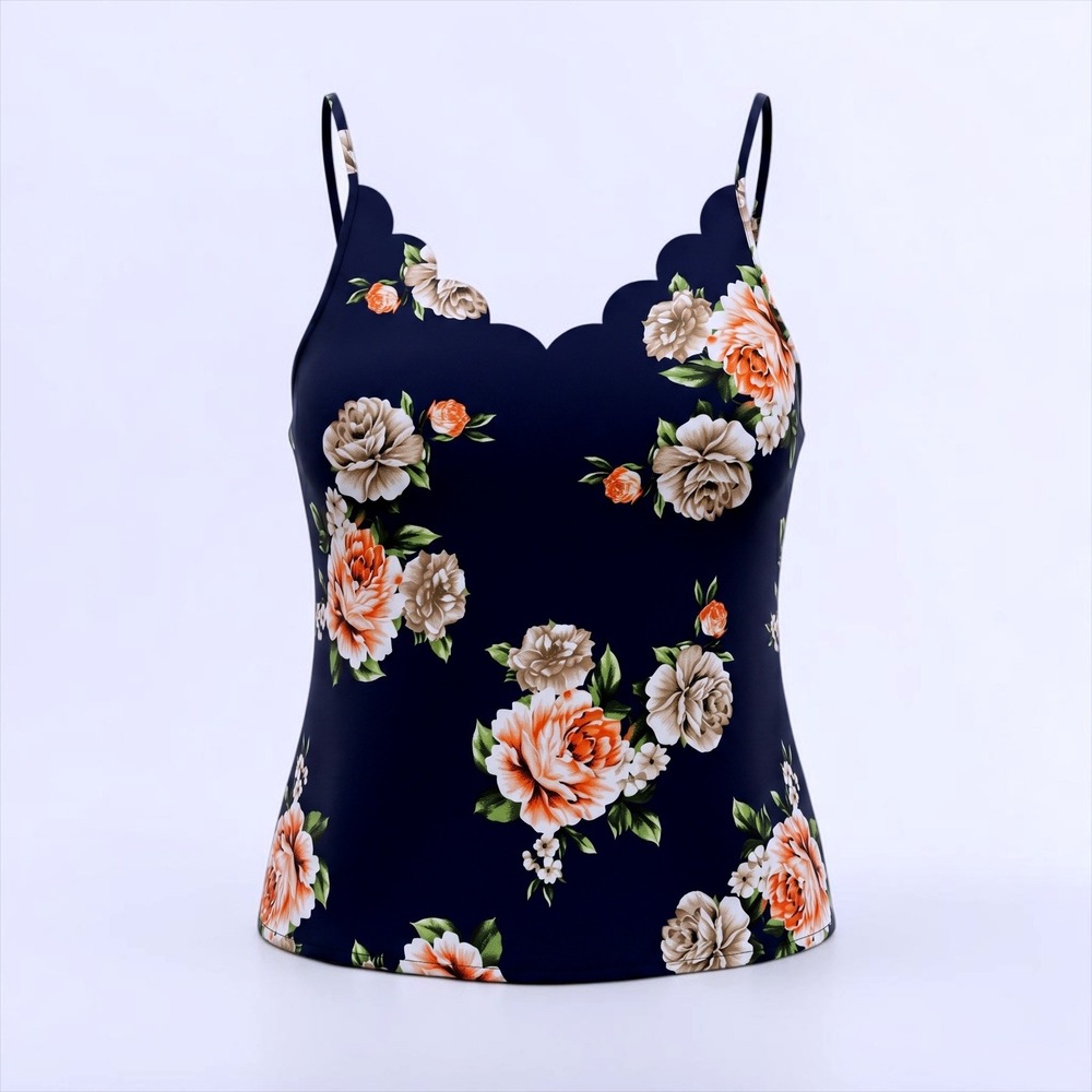 Shein‎ Curve Navy Floral Scalloped V-Neck Cami Top 1XL Plus Size Sleeveless